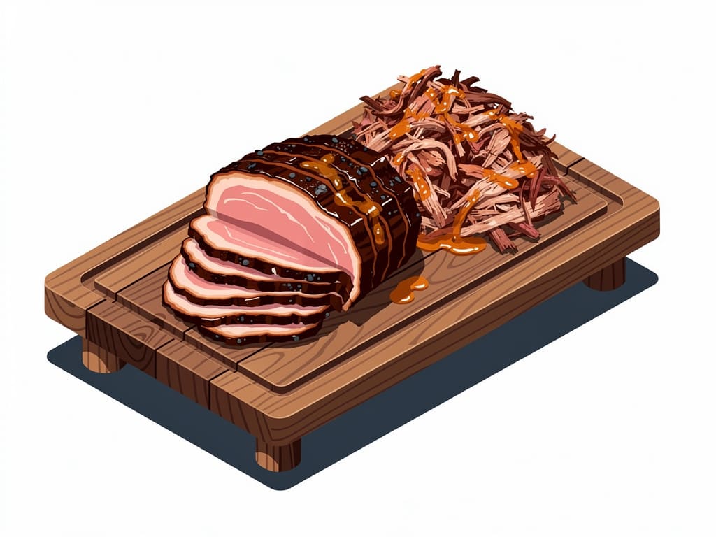 Tagliere con brisket e pulled pork affumicati per evento privato